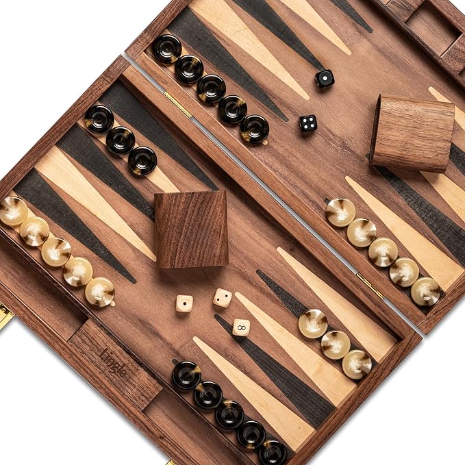 14.5” Premium Natural Walnut Folding Backgammon Sets for Adults and Kids Including 30 Artificial Horn Checkers 2 Walnut Dice Cups and 5 Wooden Dice/Classic Two-Player Strategy Board