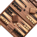 14.5” Premium Natural Walnut Folding Backgammon Sets for Adults and Kids Including 30 Artificial Horn Checkers 2 Walnut Dice Cups and 5 Wooden Dice/Classic Two-Player Strategy Board