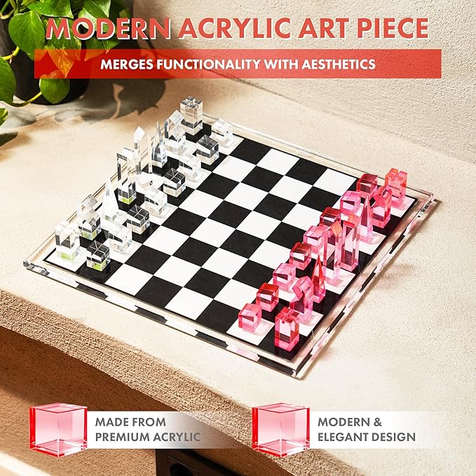 Acrylic Chess Set for Decor and Playing - Modern Pink Chess - Colorful Chess - Age 8+