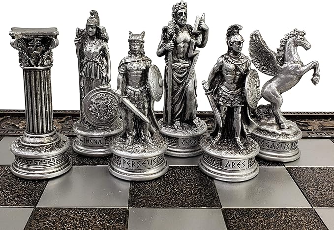 Greek Mythology Olympus Gods Zeus vs Poseidon Pewter and Bronze Color Chess Set with 17 Greek Board