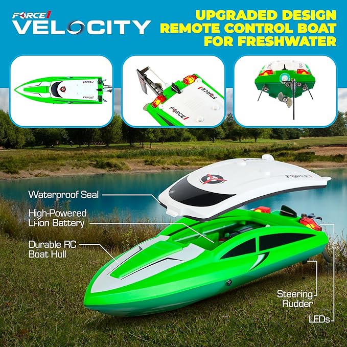 Force1 Velocity Green Fast RC Boat- Remote Control Boats for Adults and Kids Underwater Speed Racing Mini RC Toy for Pools and Lakes 2.4GHZ Transmitter 2 Rechargeable Batteries Low Battery Alert