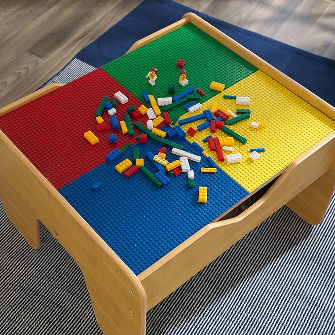 KidKraft 2-in-1 Reversible Top Activity Table with 200 Building Bricks and 30-Piece Wooden Train Set Natural Gift for Ages 3+
