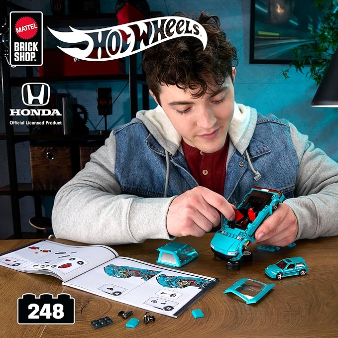 Mattel Brick Shop Hot Wheels 1990 Honda Civic EF Speed Series Custom Building Set with 248 Pieces Realistic Details and Customization Stickers JHF62
