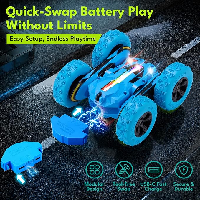 Threeking New Remote Control Car RC Flip Stunt Double Sided Driving Cars Toys for Boys Girls Ages 6-12 USB-C Modular Batteries 4WD 360° Flips with Breathing Soft Lights Presents Gifts Blue