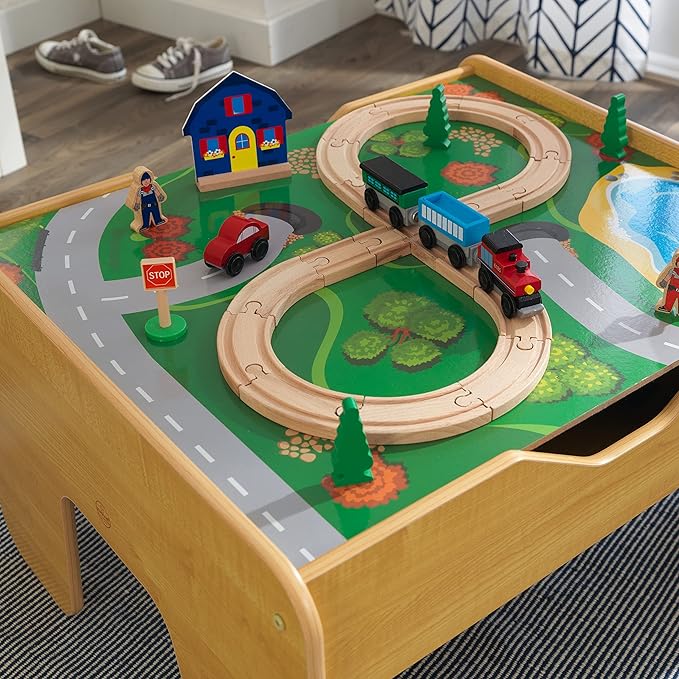 KidKraft 2-in-1 Reversible Top Activity Table with 200 Building Bricks and 30-Piece Wooden Train Set Natural Gift for Ages 3+