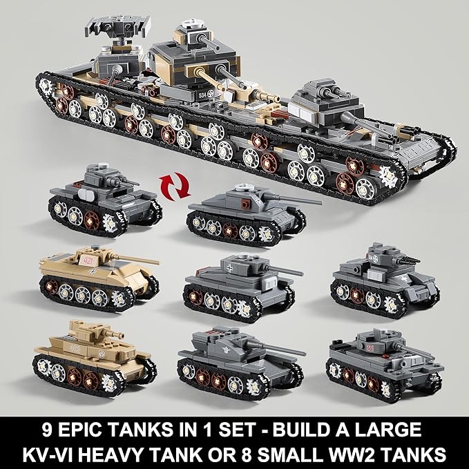 1165-Piece WW2 Army Tank Toys Building Sets Compatible with Lego Create A Large KV-VI Military Models or 8 Set WWII Tanks Great Gifts for Boys Kids