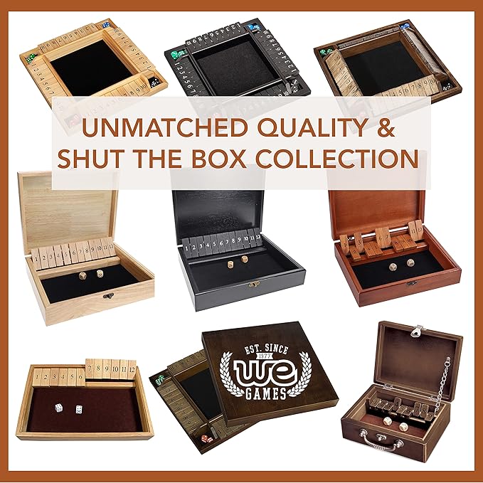 WE Games Shut The Box Board Game - Classic 4 Player Wooden Table Top Dice Game for Family Game Night Black Stained Wood 14 in. 10 Numbers Classroom Play or Bar Fun for Adults