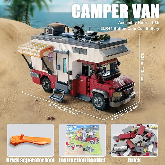 City Camper Van Building Set-Beach Camping Themed Construction Toy Kit with Mini Accessories&ampLights RV Car Model Compatible with LegosBirthday Gift for Adults and Kids 6+(880 pcs)