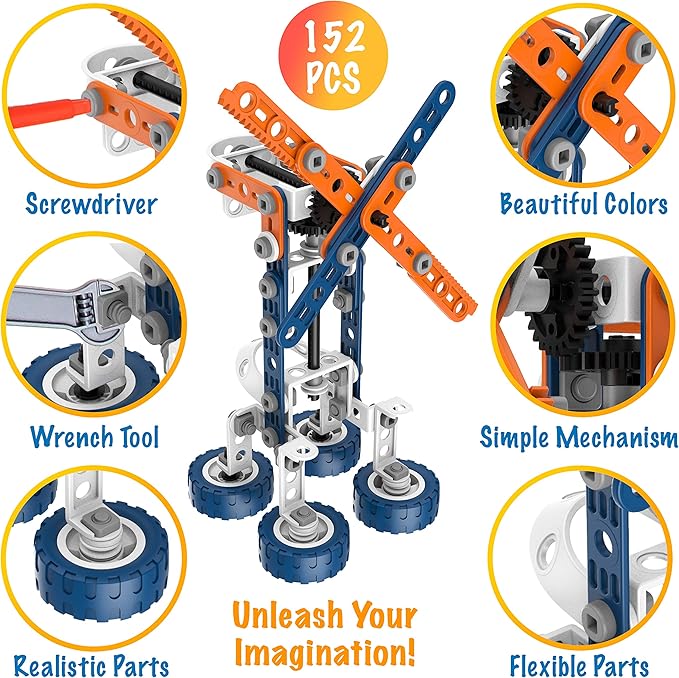 MOBIUS Toys 12-in-1 STEM Construction Kit - 152-Piece Building Set for Kids Ages 4-12 - Educational Engineering Toy for Boys &amp Girls to Build Cars Trucks Motorcycles &amp More Creative Learnin