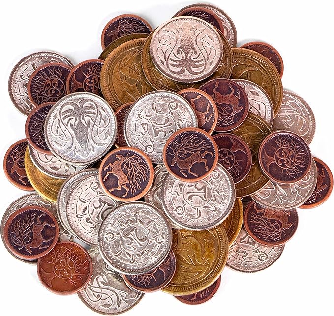 The Dragon's Hoard: 60 Real Metal Fantasy Coins with Leather Pouch | Board Game Accessory for Tabletop RPG Role-Play Strategy Games | Bronze Silver and Gold Colored Coins