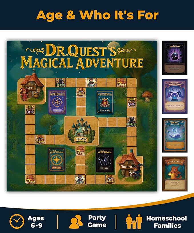 Dr. Quest's Magical Adventure–Educational Board Game for Kids Ages 6-9 – Spelling &amp Grammar Learning Game for Early Elementary | 180 Questions | Screen-Free Homeschool &amp Family Game | 2-6 Play