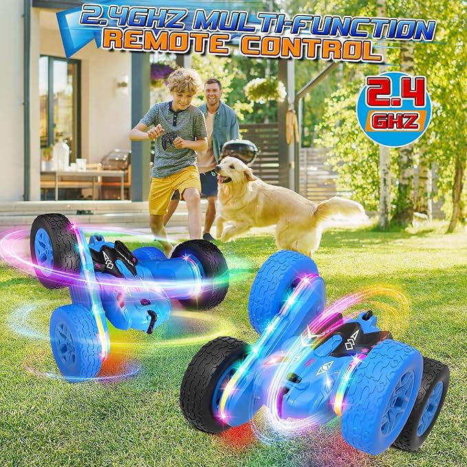 Remote Control CarRC Cars with Sides Light Strip and HeadlightsDouble Sided 360 Flips Rotating RC Stunt Car2.4Ghz All Terrain Toys for Ages 4-8 Kids Toy for Boys Birthday Gift(Blue)