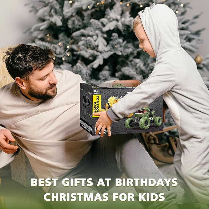 Remote Control Dinosaur Car for Kids Boys 2.4Ghz All Terrain Remote Control Dinosaur Truck with Light Rechargeable 4WD Off Road RC Car Toys for Kids 3 4 5 6 7 8-12 Year Old Boys Girls Birthday Gift