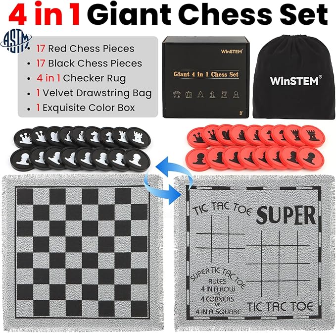 Giant 4 in 1 Chess SetJumbo Chess &amp Giant Checkers &amp Large Tic Tac Toe Giant Chess Board Game for Kids AdultsIncluding 2 Extra QueenLarge Checkers Rug Game Mat Indoor Outdoor Games Campin