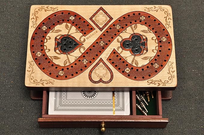 PALM ROYAL HANDICRAFTS 2 Track Cribbage Board Game Set with Magnetic Pull Drawer Playing Cards - Storage Available - Metal Pegs Travel Portable Cribbage Game Sets for Family. (Size - 6.5 x 4)
