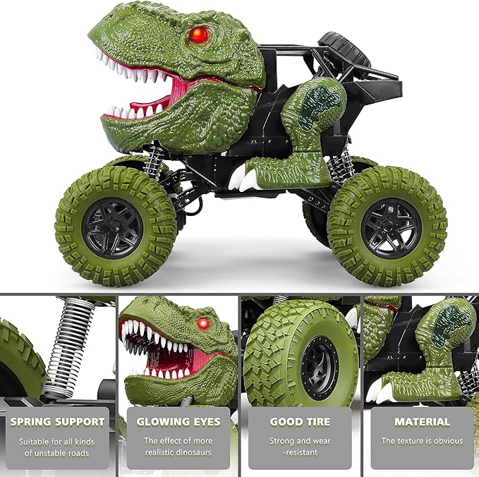 Remote Control Dinosaur Car for Kids Boys 2.4Ghz All Terrain Remote Control Dinosaur Truck with Light Rechargeable 4WD Off Road RC Car Toys for Kids 3 4 5 6 7 8-12 Year Old Boys Girls Birthday Gift