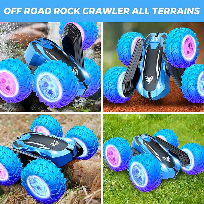 KKONES Remote Control Car 2.4GHz Double Sided 360° Flips Rotating Electric Race RC Stunt Car LED Wheel &amp Headlight High Speed Off Road Cars Toy Gift for 3 4 5 6 7 8-12 Year Old Boy Toys (Blue)
