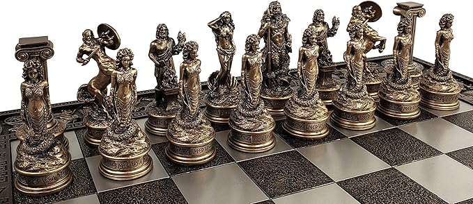 Greek Mythology Olympus Gods Zeus vs Poseidon Pewter and Bronze Color Chess Set with 17 Greek Board