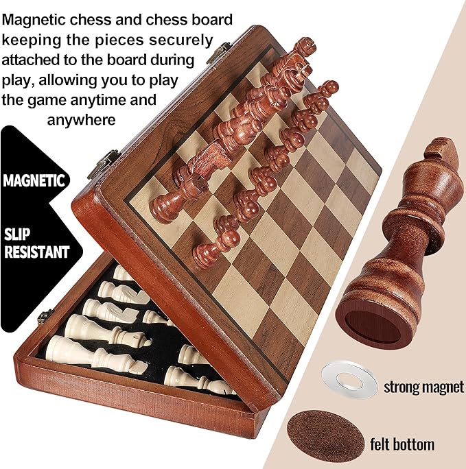 2 in 1 Wooden Chess and Checkers Set - Folding Magnetic Chess Board with Storage Slots Chess Pieces Portable Travel Chess Set for Adults &amp Kids Includes Carry Bag