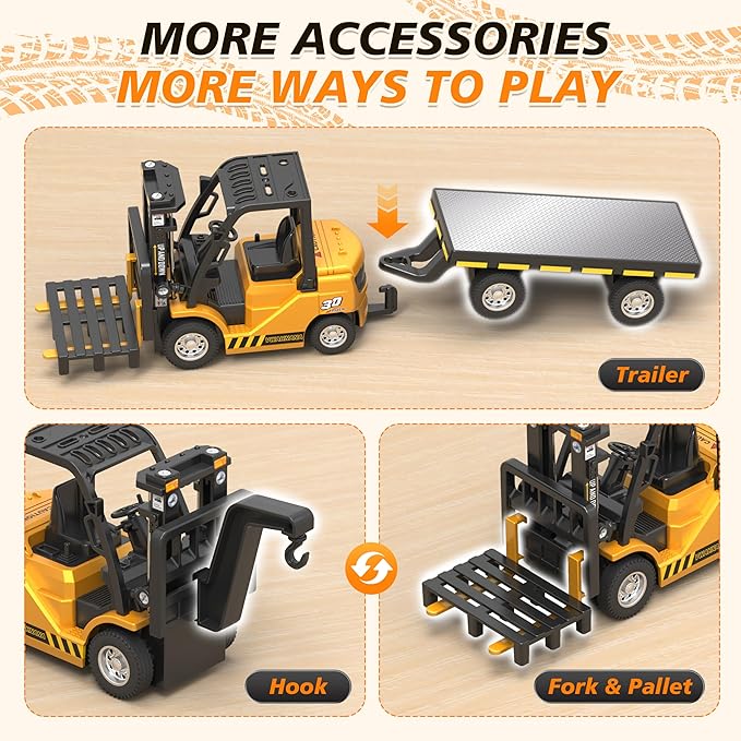 1/64 RC Forklift Toy 3 in 1 Mini Forklift Remote Control &amp App Remote Control Forklift with Trailer &amp Fork &amp Hook 10CH Alloy RC Construction Vehicles Desktop Toy for Adults Kids Boys Gi