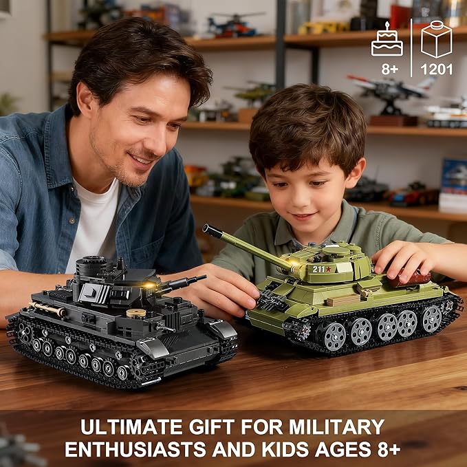 WW2 Army Tank Building Sets with Lights Panzer IV &amp T-34 Military Tanks Model Kit Compatible with Lego Great Army Toys Gift for Military Fans Boys Kids Ages 8+ &amp Adults (1201 Pieces)