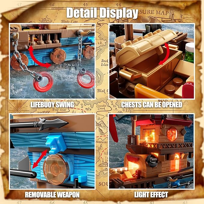 Pirate Ship Building Kit (916 Pcs) with LED Lights - Standard Brick - Compatible Creative Pirate Toy Model - Ideal Gift for Kids Teens Adults &amp Boys Ages 8-12 (Birthday/Christmas/Party)