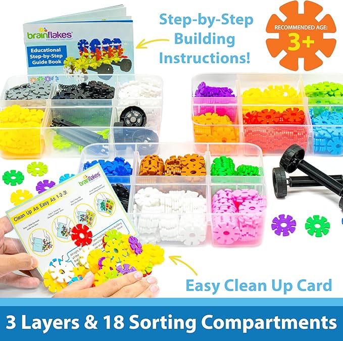 Brain Flakes 1000 Piece Sort ‘n’ Snap Set - Wheel Pieces and Special Parts Included - A Great Stem Toy for Both Boys and Girls