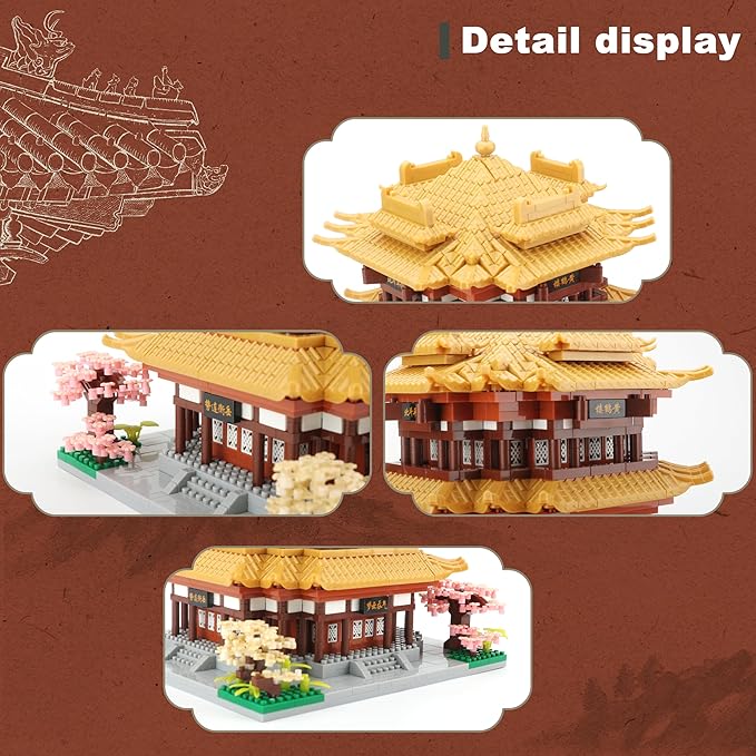 Chinese House Asian Architecture Micro Building Blocks Yellow Crane Tower for Adults - Decorative DIY Gift for Age of 14+