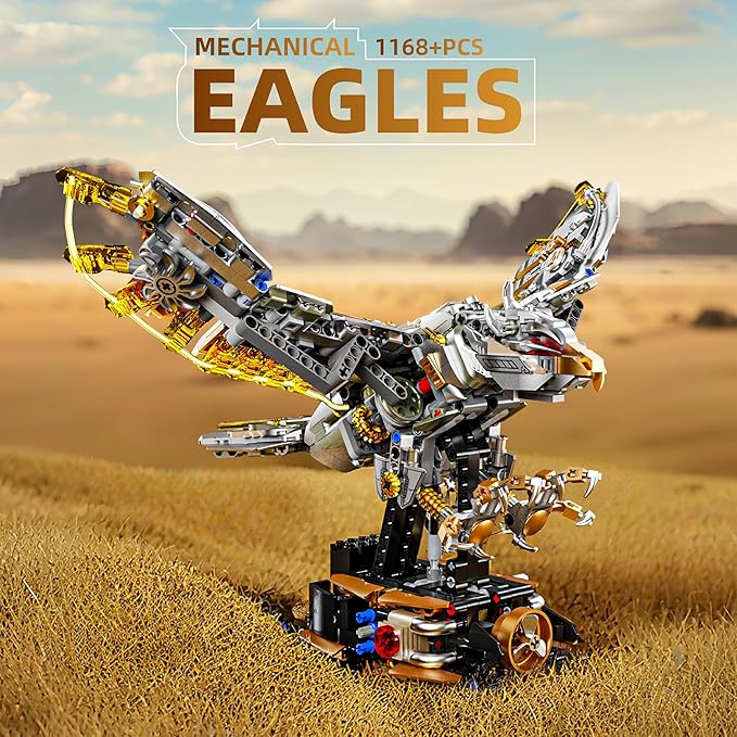 1168-PCS Mechanical Eagle Building Block Set with LED Light Movable Linkage Gears Display Stand - Animals Building Blocks Toy for Adults Teens Kids Age 12+