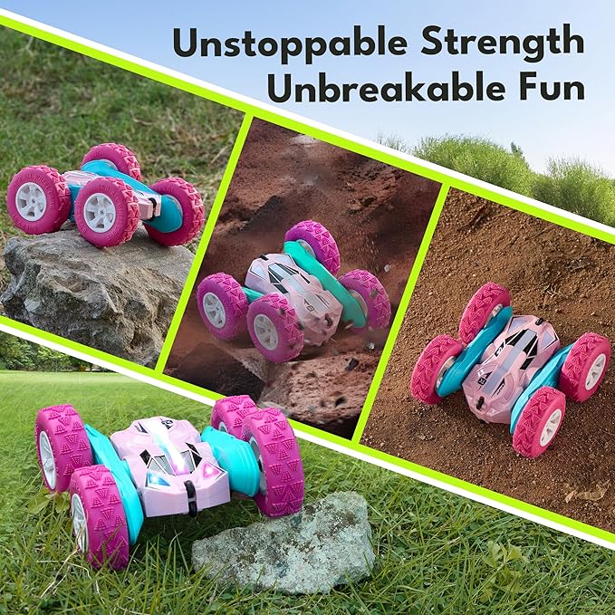 Threeking New Remote Control Car RC Flip Stunt Double Sided Driving Cars Toys for Girls Ages 6-12 USB-C Modular Batteries 4WD 360° Flips with Breathing Soft Lights Presents Gifts for Kids Pink