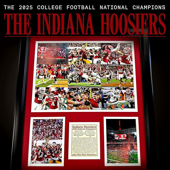 Indiana Hoosiers | 2025 CFP National Champions | Collectible Hoosier Football Memorabilia | Framed Picture &amp Photo Collage Gift Man Cave Wall Art Home &amp Room Decor | 2 Sizes &amp 2 Styles (