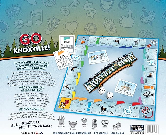 Late for The Sky Knoxville-Opoly City Board Game Family Strategy Game Night for 2-6 Players Ages 8+ Opoly-Style Play with Knoxville Landmarks Traditional or 1-Hour Version