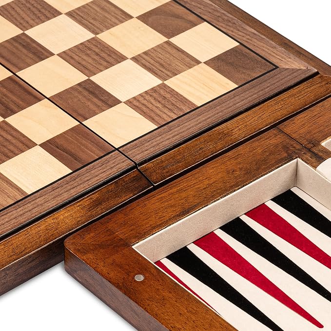 15.5'' Deluxe Solid Wood 3-in-1 Chess Set: Portable Chess Backgammon and Checkers with Hollow Handle Box Folding Board for Travel Suitable for Adults