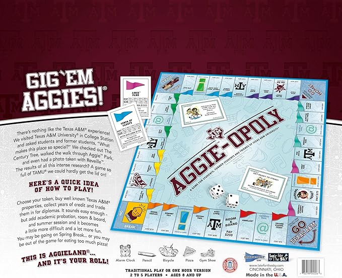 Late for The Sky: Aggie-Opoly - Texas A&ampM University Themed Family Board Game Opoly-Style Traditional Play Or 1 Hr Version Ages 8+ 2-5 Players