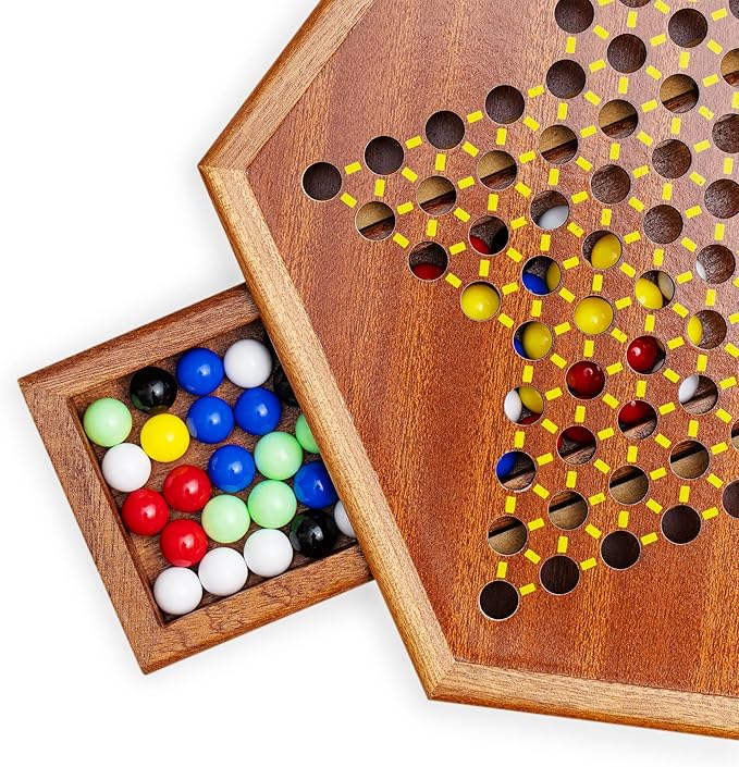 Wooden Chinese Checkers Game Set with Storage Drawer 12.6 inches - Includes 60 Colorful Acrylic Chess Pieces (6 Colors) - Classic Strategy Board Game