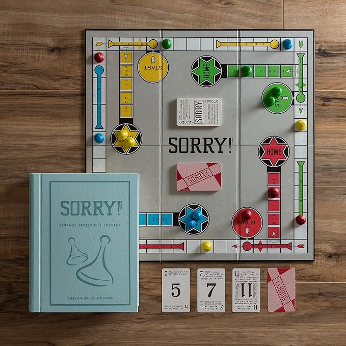 Sorry! Vintage Bookshelf Edition by WS Game Company - Classic Sorry Board Games Retro 1958 Design - Linen-Wrapped Book Case Wooden Pawns &amp Full-Size Folding Board Ages 6+ Suitable for 2-4 Playe