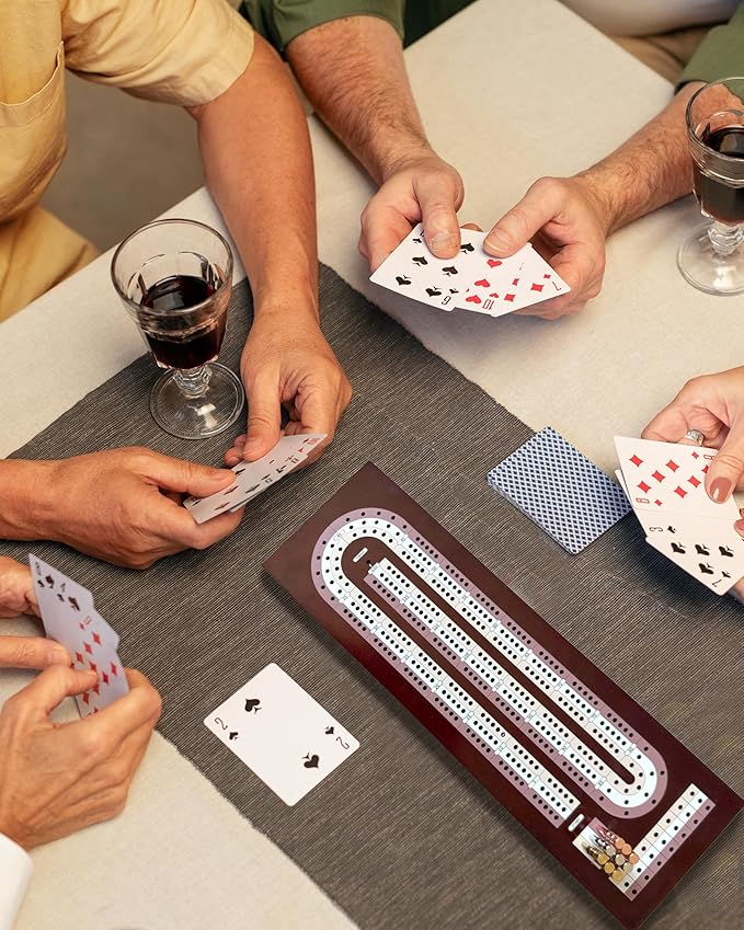 Wooden Cribbage Board Game Set with Cards &amp Metal Pegs – Foldable 3 Track Cribbage Board with Magnetic Lock Large Storage Area – Travel Portable Cribbage Game for Adults &amp Family