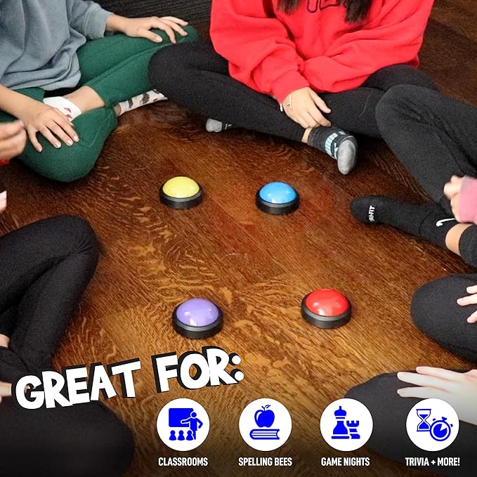 Teacher's Choice 4 Pack Game Buzzers with Unique Loud Sounds for Each Buzzer | Great for Trivia Games Family Feud Jeopardy Competition Spelling Bees and More