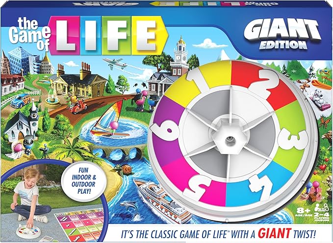 The Game of Life Giant Edition Family Board Game Indoor/Outdoor Fun Game with Big Oversized Gameboard Cards Spinner for Adults and Kids Ages 8 and up