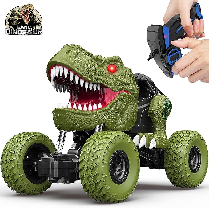 Remote Control Dinosaur Car for Kids Boys 2.4Ghz All Terrain Remote Control Dinosaur Truck with Light Rechargeable 4WD Off Road RC Car Toys for Kids 3 4 5 6 7 8-12 Year Old Boys Girls Birthday Gift
