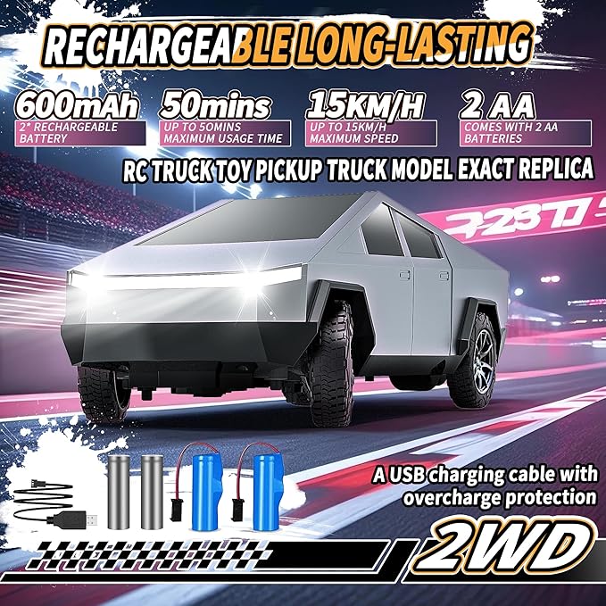 RC Car ToysAll Terrain 2.4GHz RC Truck for Boys Aged 3-8 8-12 Electric Vehicle Truck Toys for Kids Birthday Gifts for Kids Boys and Girls (Silver)