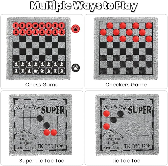 Giant 4 in 1 Chess SetJumbo Chess &amp Giant Checkers &amp Large Tic Tac Toe Giant Chess Board Game for Kids AdultsIncluding 2 Extra QueenLarge Checkers Rug Game Mat Indoor Outdoor Games Campin