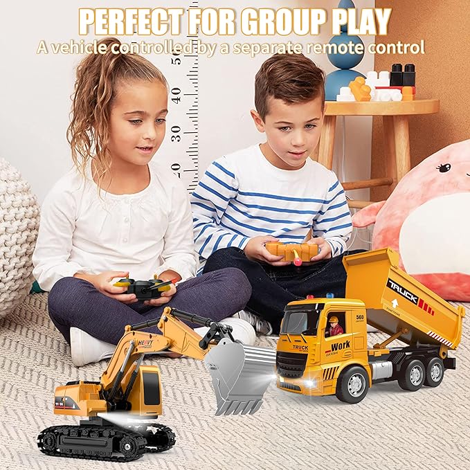 Remote Control Excavator and Dump Truck Toy Set - RC Construction Vehicles Toy with Barricades Road Signs Simulated Rocks Lights and Sounds Birthday Gifts for Toddlers 3-12 year Boys Girls