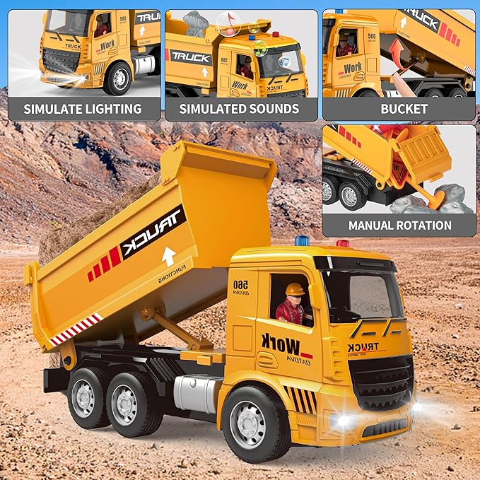 Remote Control Excavator and Dump Truck Toy Set - RC Construction Vehicles Toy with Barricades Road Signs Simulated Rocks Lights and Sounds Birthday Gifts for Toddlers 3-12 year Boys Girls