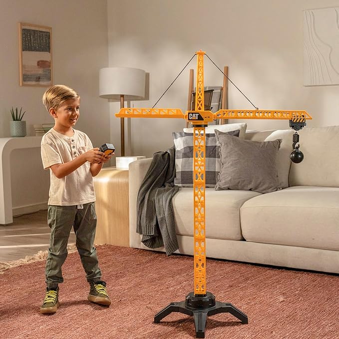 Cat Construction Workforce Jumbo Tower Crane Set 50-Inch RC Crane Toy with 360-Degree Rotation Hook and Wrecking Ball Light Skid Steer and 4 Figure USB Rechargeable Ages 5+