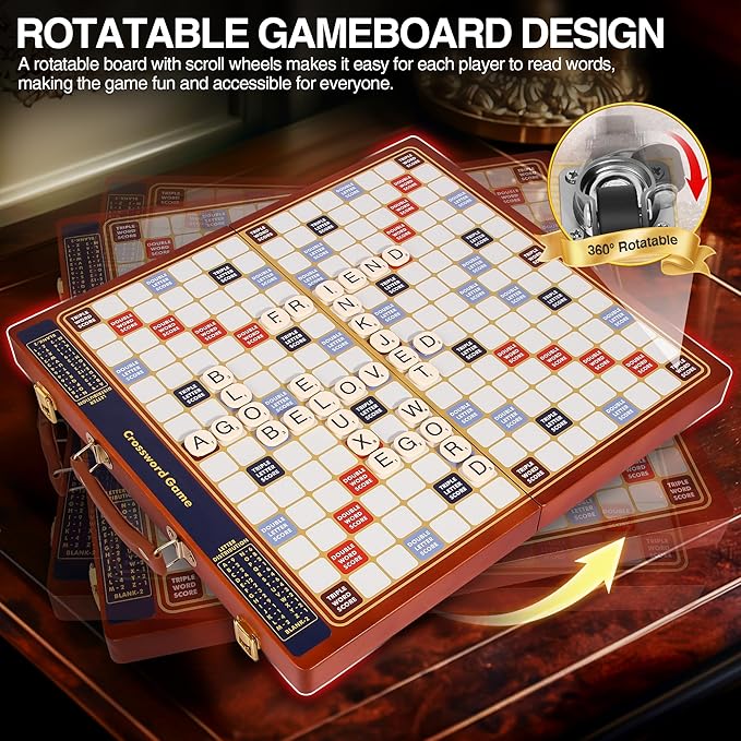 Crossword Game with Magnetic Letter Tiles Foldable Board into Portable Carry Case Luxury Edition Word Building Game with Rotating Wooden Board Educational Family Board Game for 2-4 Players