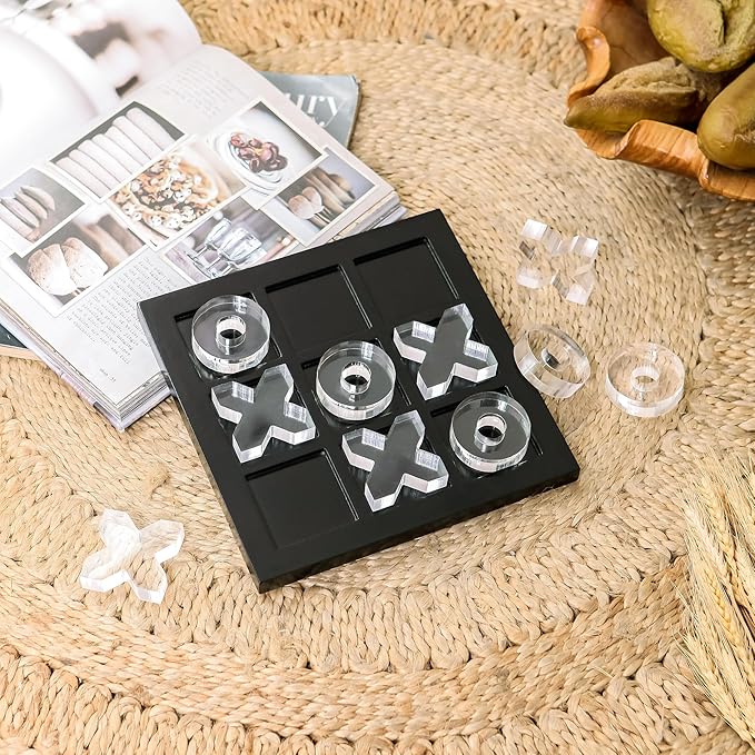 NIKKY HOME Acrylic Tic Tac Toe Wood Board Game Classic Coffee Table Decor Decorative Wooden Travel Game for Family Black