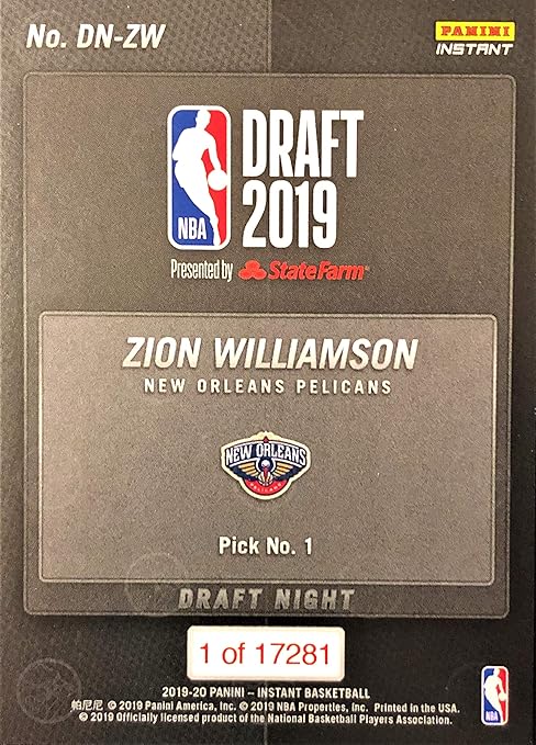 2019-20 Panini Instant Draft Night ZION WILLIAMSON First Rookie Card RC New Orleans Pelicans 1 of 17281 Produced Official Basketball Trading Card in Sealed Top Loader