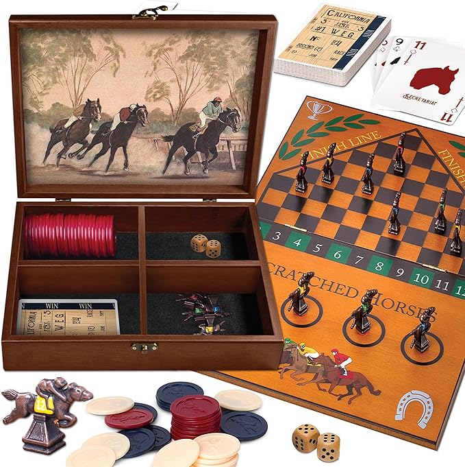 WE Games Derby Horse Race Board Game Set with Metal Game Pieces and Wooden Keepsake Storage Box Family Game Night Board Games for Adults and Family Birthday Gifts Home Decor Living Room Decor