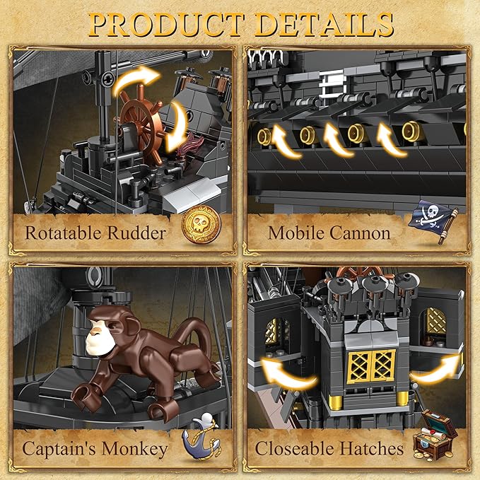Pirate Ship Building Block Model Kits Advanced MOC Black Pearl Ship Building Set Toy Christmas Birthday Building Set Gifts for Adults and Kids Aged 12+ 1366 PCS